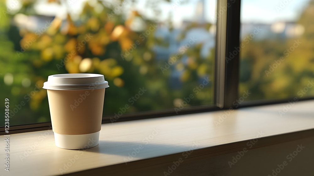 Take away coffee cup on window sill autumn view hot cozy cafe life drink relax Take away coffee cup on window sill autumn view hot cozy cafe life drink relax