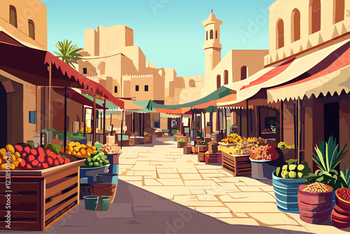 Ancient arab city market horizontal background. Middle Eastern old market street with palms different crafts and food stalls spices fruits. Traditional houses clean sky. Cartoon style vector