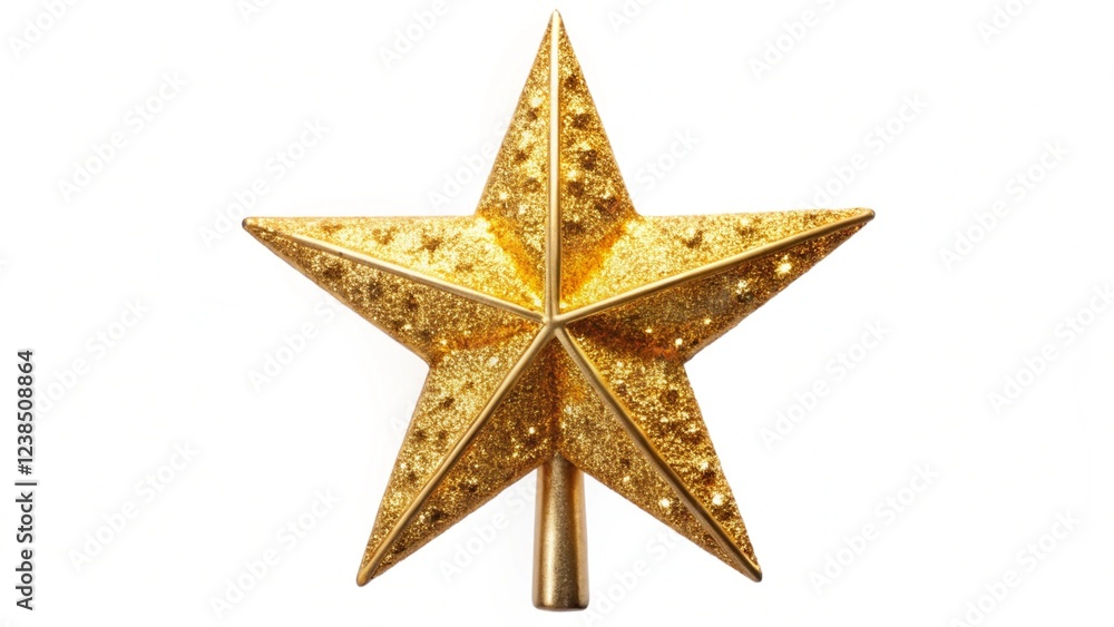 Golden glitter star tree topper, sparkling with festive shine, ideal for decorating Christmas trees and adding a touch of elegance to holiday decor. Isolated on white background Golden glitter star tree topper, sparkling with festive shine, ideal for decorating Christmas trees and adding a touch of elegance to holiday decor. Isolated on white background