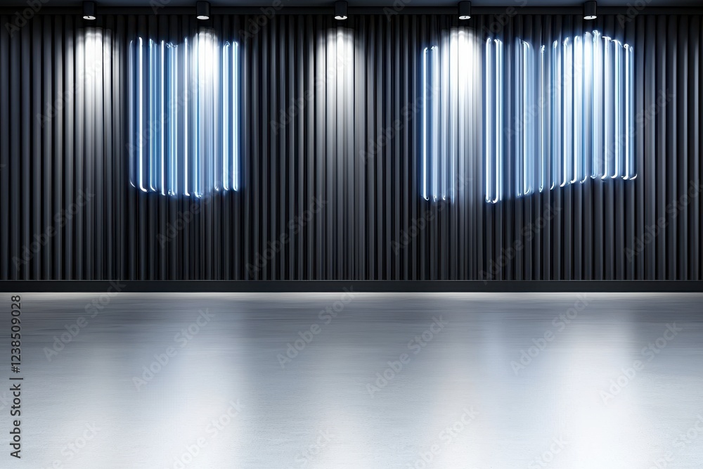 Fototapeta premium Modern Minimalist Interior with Neon Light Accents on Black Textured Wall and Smooth Concrete Floor
