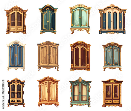 Ancient cupboards set. Luxury old servers interior wooden cabinets with decorations. Furniture storage containers. Vintage buffets front view closets. Cartoon style isolated vector clipart collection