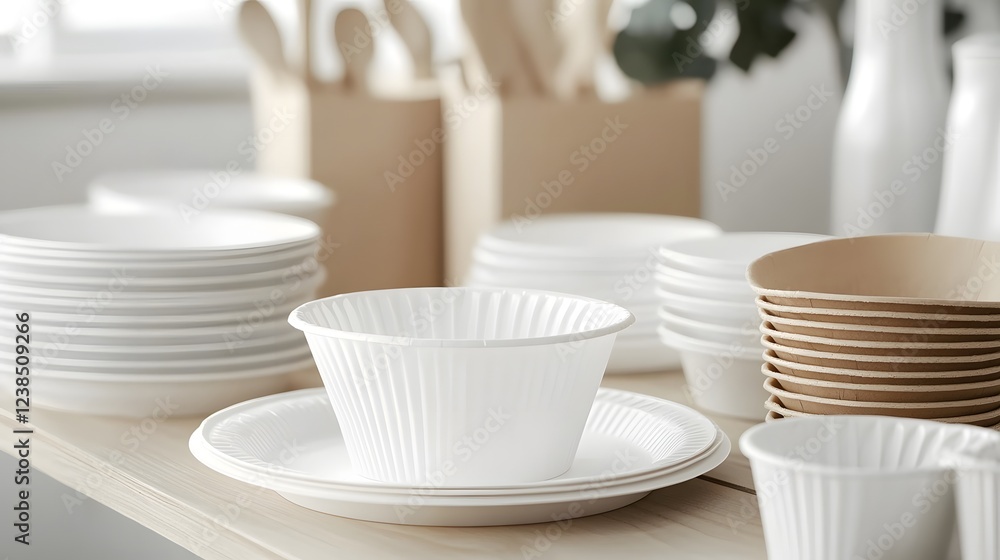 Stack of white disposable plates bowls and cups eco food ware table party clean Stack of white disposable plates bowls and cups eco food ware table party clean