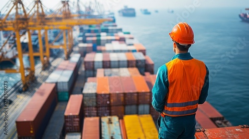 Foreman Overseeing the Loading Process of Containers at a Busy Port with Industrial Cranes and Cargo Ships in Background