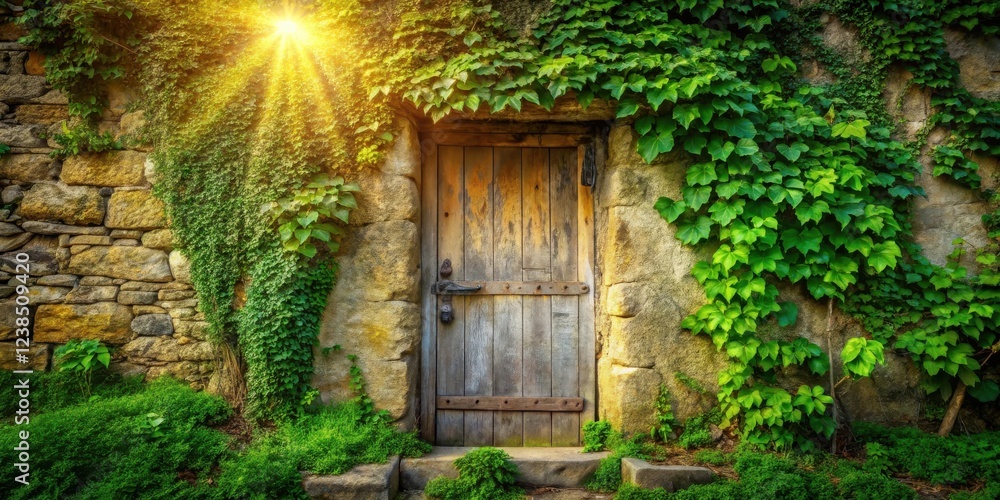 Sunlit Rustic Wooden Doorway Hidden in Lush Green Ivy Covered Stone Wall Sunlit Rustic Wooden Doorway Hidden in Lush Green Ivy Covered Stone Wall