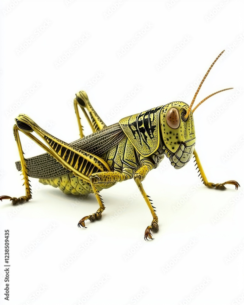 Fototapeta premium Detailed Close-Up of a Colorful Grasshopper with Intricate Textures and Patterns on a White Background