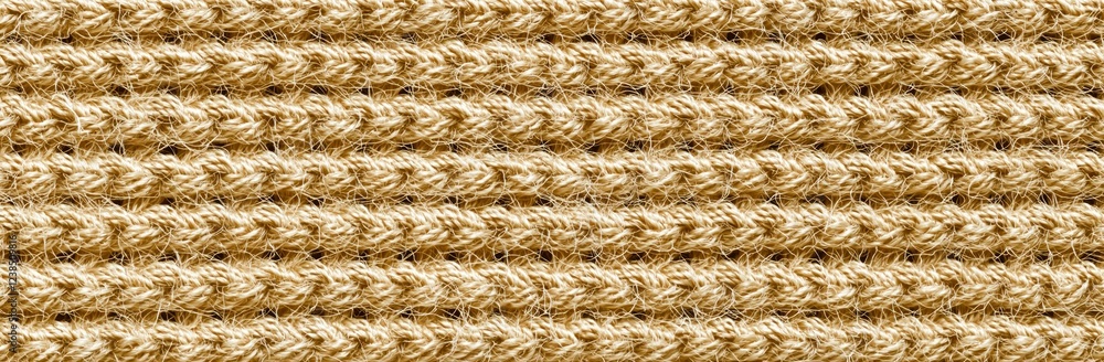Close up of beige knitted fabric showing intricate weaving pattern Close up of beige knitted fabric showing intricate weaving pattern