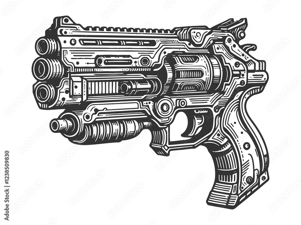 Ornate Steampunk Revolver engraving raster Ornate Steampunk Revolver engraving raster