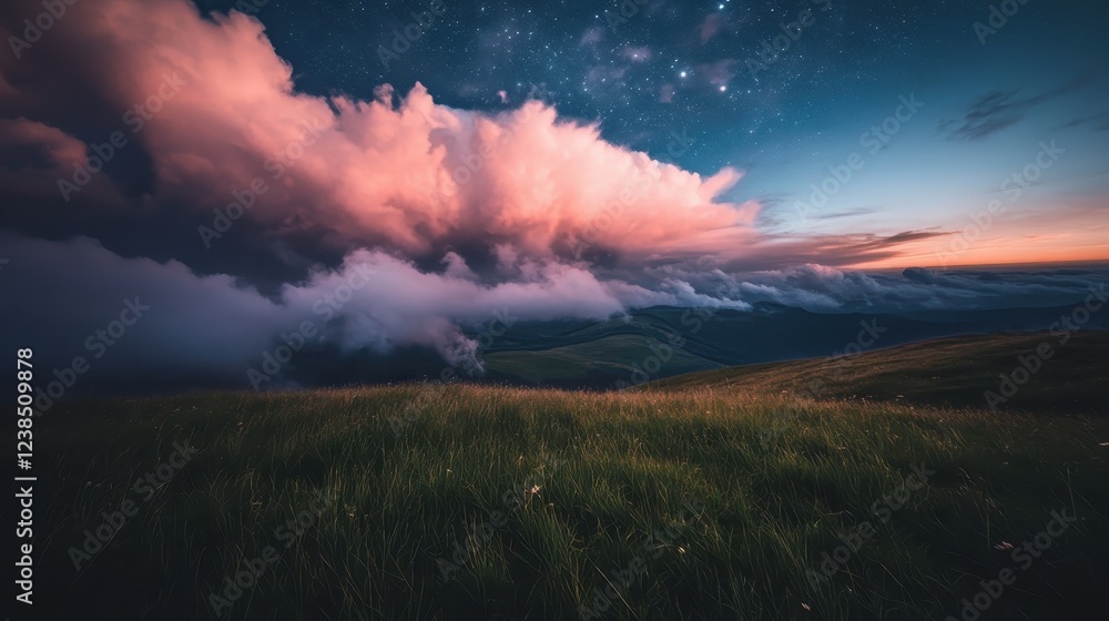Naklejka premium Pink Clouds Over Mountain Grassland Under Night Sky