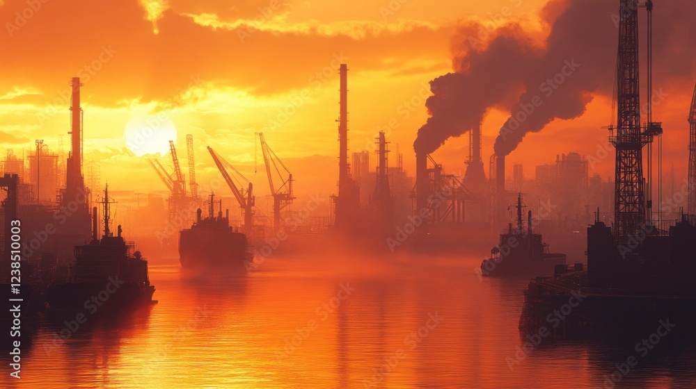 Obraz premium Industrial Port at Dawn with Silhouetted Cranes and Ships Against a Colorful Sunrise Sky