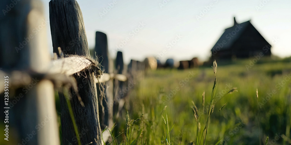 Fototapeta premium Wooden Fence and Rural Building in Grassy Field