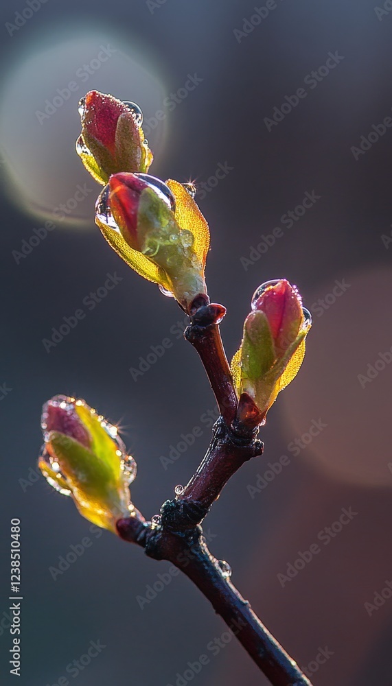 Captivating artistic view of dew kissed vibrant buds on a twig, embodying the essence of spring Captivating artistic view of dew kissed vibrant buds on a twig, embodying the essence of spring