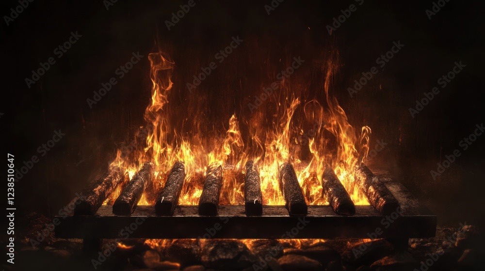 Burning logs in fireplace, dark background, warmth, cozy ambiance, website banner Burning logs in fireplace, dark background, warmth, cozy ambiance, website banner