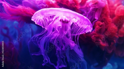 Vibrant jellyfish in deep ocean with swirling colorful background creating unique image
