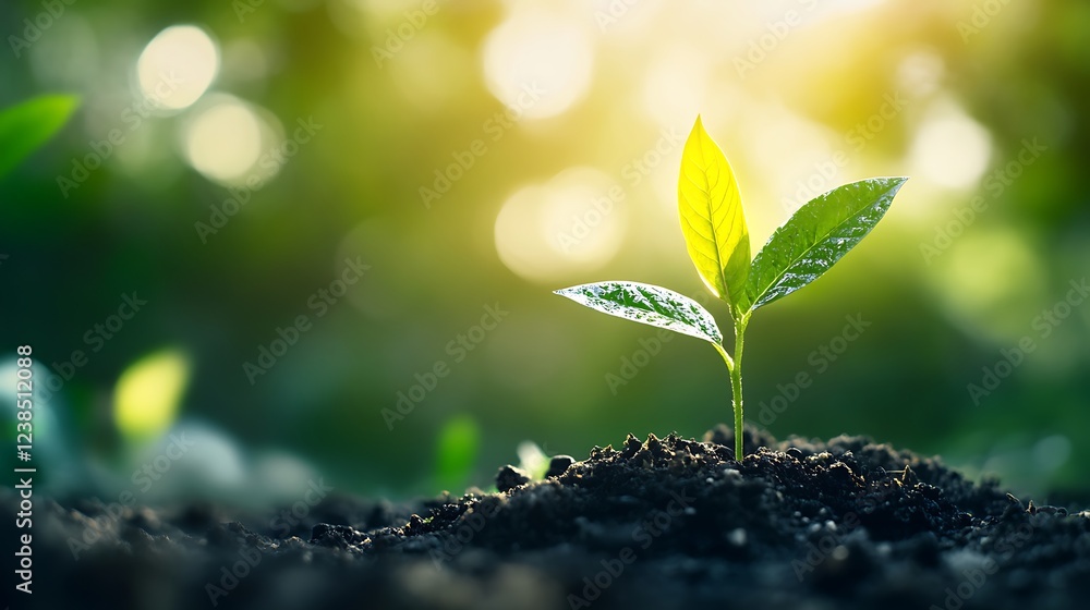 Sprout emerging in soil, bright sunlight, green bokeh Sprout emerging in soil, bright sunlight, green bokeh