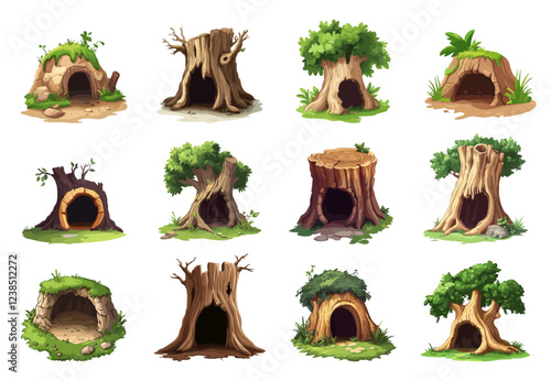Burrow and tree hollow set. Old dry stump with cracked bark. Wood natural house for animals. Cartoon style isolated vector clipart collection