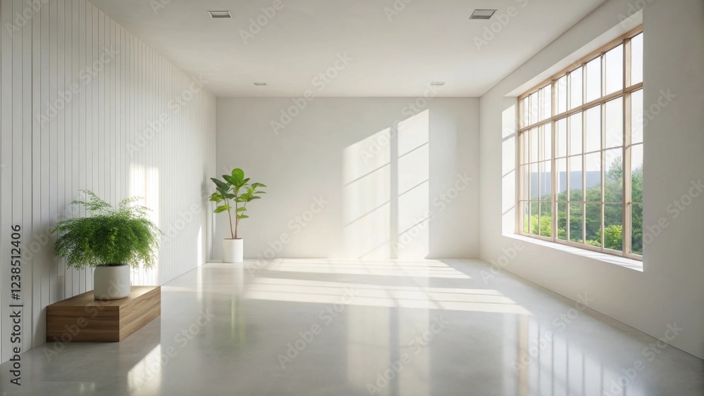 Fototapeta premium Sunlit minimalist interior design showcasing a spacious room with potted plants and large window