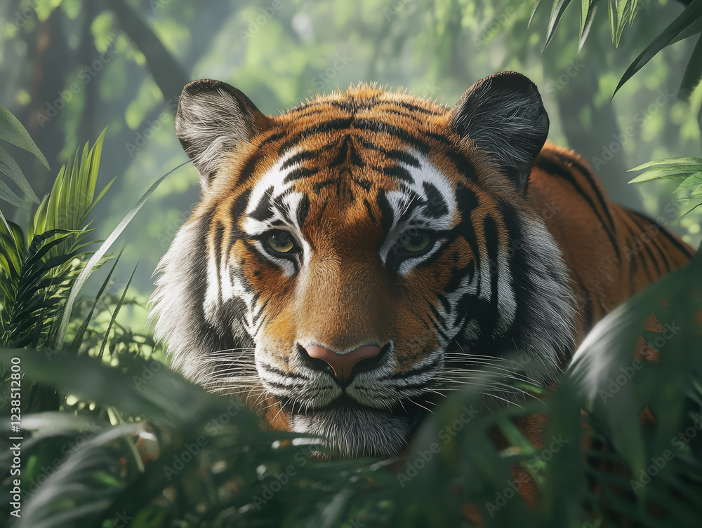 Fototapeta premium A tiger is laying in the jungle, looking at the camera