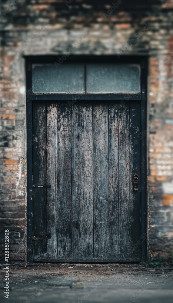 Weathered warehouse door surrounded by a blurred background, evoking an industrial atmosphere Weathered warehouse door surrounded by a blurred background, evoking an industrial atmosphere