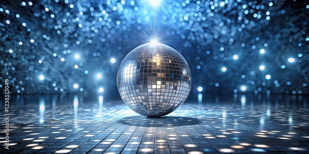 Obraz premium Luxurious mirrored dance floor under sparkling silver disco ball, party, glamourous, party, glamourous, celebration