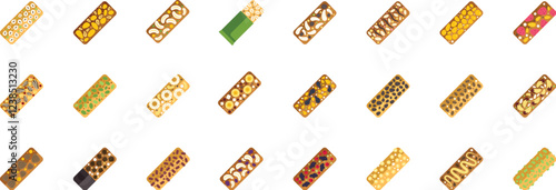 Different muesli bars with various toppings like nuts, seeds, and dried fruits, providing a healthy and convenient snack option