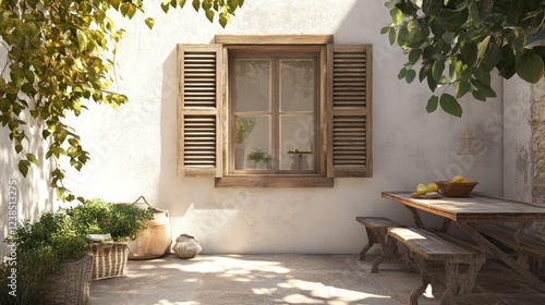 Sunny Mediterranean courtyard patio, rustic table, plants