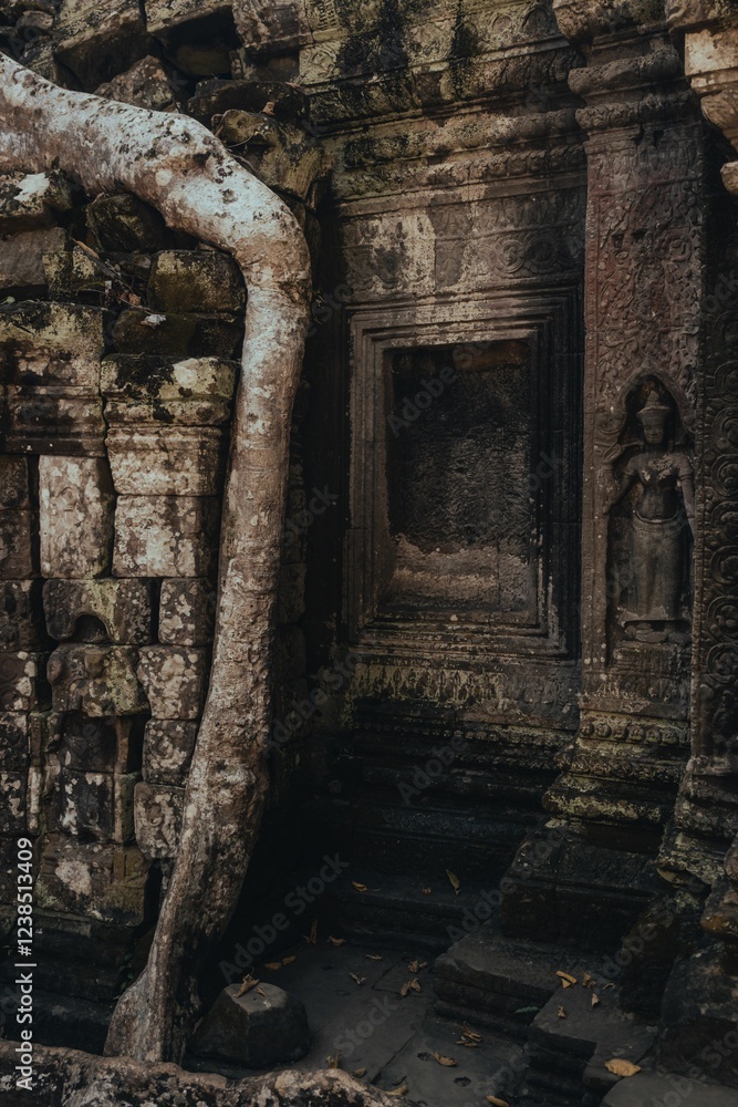 Naklejka premium Tree Roots and Stone Ruins at Ta Prohm Temple