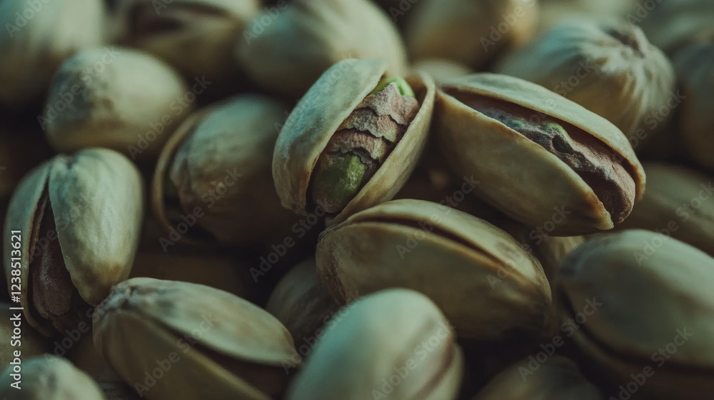 macro shot of pistachios showcasing their shells and kernels, highlighting their unique textures and colors. This captures essence of these delicious nuts