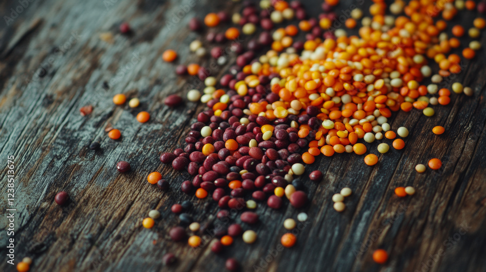 Fototapeta premium Colorful raw legumes scattered on rustic wooden surface create vibrant and inviting display. rich hues of red, orange, and yellow legumes contrast beautifully with textured background