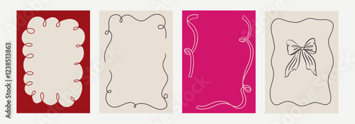 Set of elegant whimsical hand-drawn spring frames with wavy squiggle curly ribbons in trendy, vintage styles. Perfect for quirky holiday, wedding, bachelorette invitation