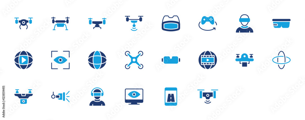 Set of Virtual Reality and Drones icon. Game, Drone, Camera Drone, Focus, Camera Drone, Camera, Vr Glass, Global, Reel, Drone, Nuclear, Cctv Camera, Screen, Route vector illustration. Set of Virtual Reality and Drones icon. Game, Drone, Camera Drone, Focus, Camera Drone, Camera, Vr Glass, Global, Reel, Drone, Nuclear, Cctv Camera, Screen, Route vector illustration.
