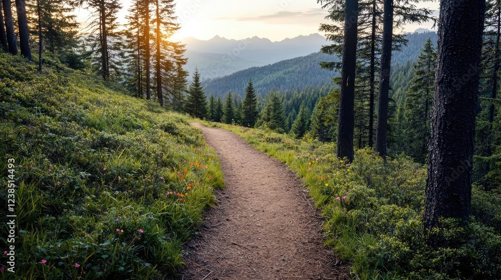 Amidst mountains nature idea. A serene forest path winding through lush greenery under a soft sunset glow. Amidst mountains nature idea. A serene forest path winding through lush greenery under a soft sunset glow.