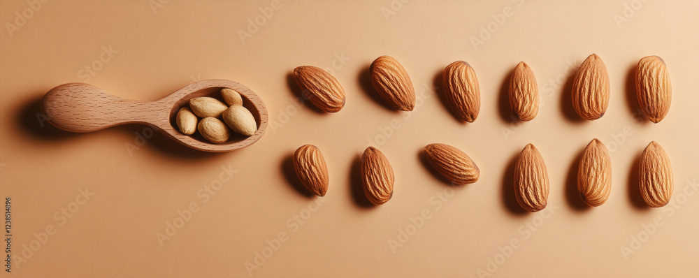 Almonds arranged in gradient with wooden scoop holding some nuts. warm tones create cozy and inviting atmosphere, perfect for healthy snacking Almonds arranged in gradient with wooden scoop holding some nuts. warm tones create cozy and inviting atmosphere, perfect for healthy snacking