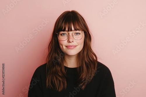 Portrait of a cute chubby nerdy brunette with glasses smiling against a soft pink background photo