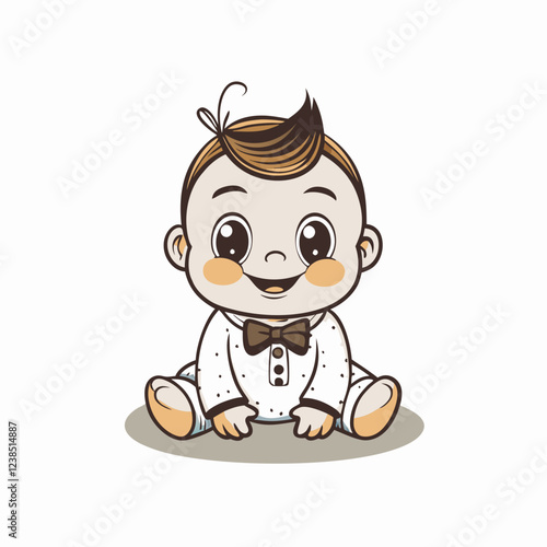 Smiling baby boy in formal outfit sitting on floor, joy and innocence