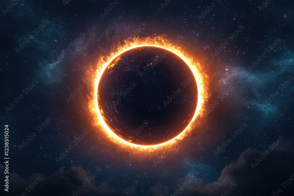 Dramatic solar eclipse with a glowing fiery corona against a dark cosmic background. Dramatic solar eclipse with a glowing fiery corona against a dark cosmic background.