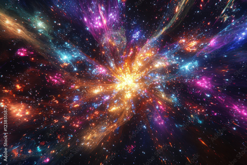 Obraz premium Explosive cosmic nebula with radiant golden and magenta hues expanding into space.