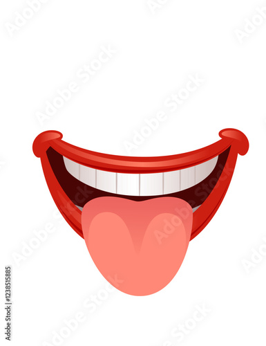 Red smiling lips with white teeth. Human funny smile. Mouth with red tongue sticking out. Vector illustration isolated on white background