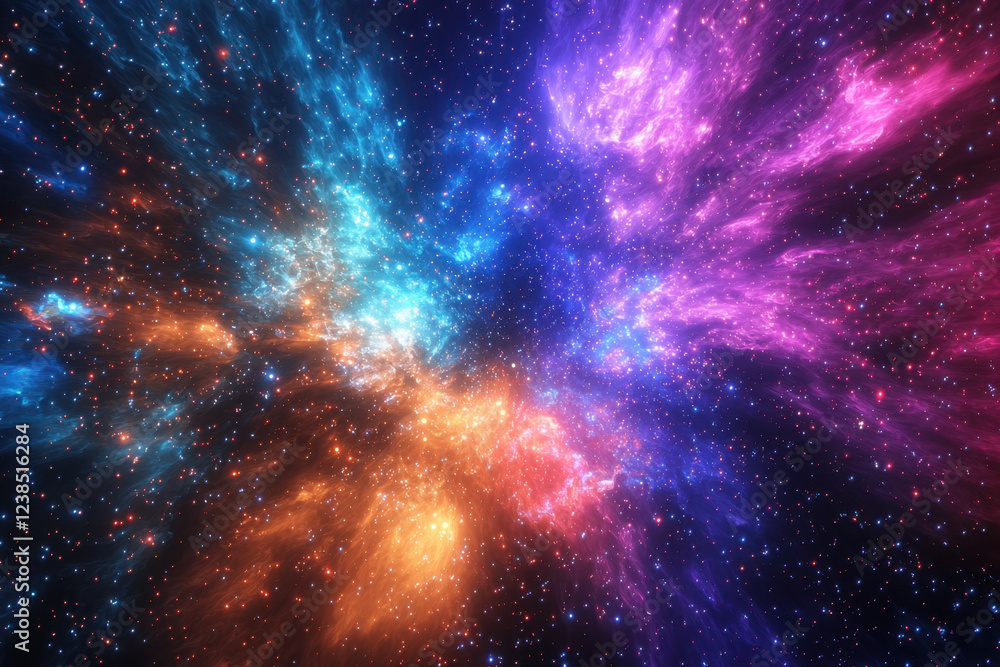 Naklejka premium Deep space nebula featuring swirling blue, purple, and orange gaseous clouds.