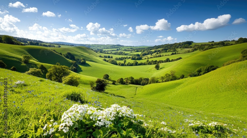 Fototapeta premium Wildflower fields nature concept. A serene green landscape under a blue sky with fluffy clouds.
