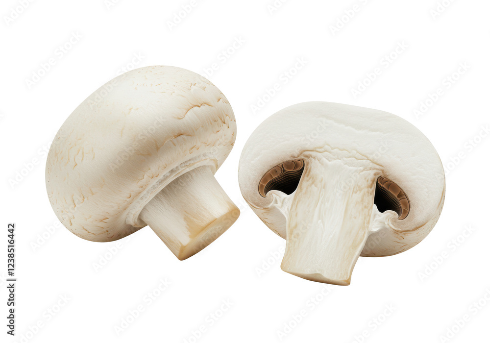 Two fresh mushrooms champignons, one whole and the other cut in half isolated on white background