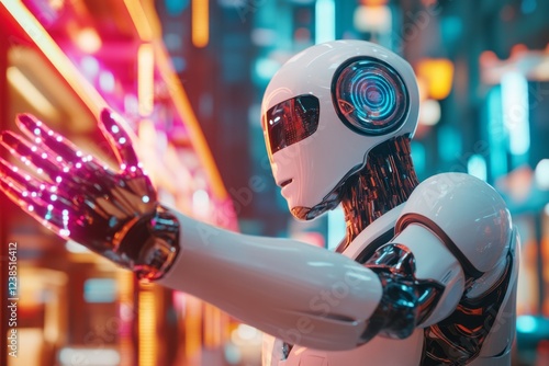 A high-tech robotic arm adjusting its form and tools to perform various tasks, glowing with neon-blue energy, symbolizing the ultimate versatility in AI