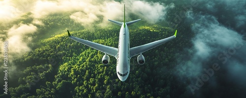 Concept of ecofriendly aviation fuel powering a sleek, modern jet, lush green landscapes below, symbolizing a sustainable future in air travel, vibrant colors photo