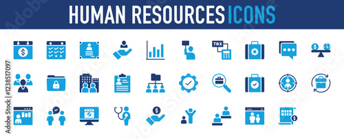 Set of Human Resources icon. Bar Graph, Feedback, Business Strategy, Avatar, Archive, Company, List, Hierarchy, Gear, Briefcase, Focus, Website, Conversation, Monitor, Medical vector. 