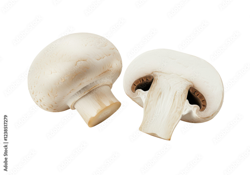 Two fresh mushrooms champignons, one whole and the other cut in half isolated on white background Two fresh mushrooms champignons, one whole and the other cut in half isolated on white background