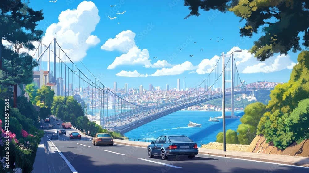 Obraz premium Sunny Istanbul bridge view, cars on road, cityscape background; travel postcard