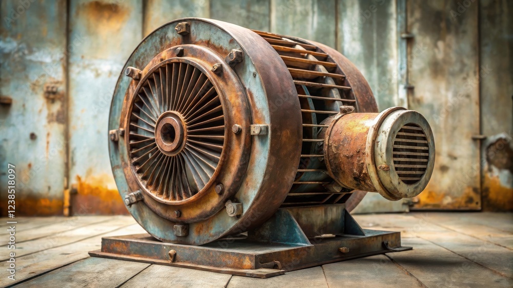 Rustic, Weathered Industrial Fan Motor on Aged Wooden Floor Rustic, Weathered Industrial Fan Motor on Aged Wooden Floor