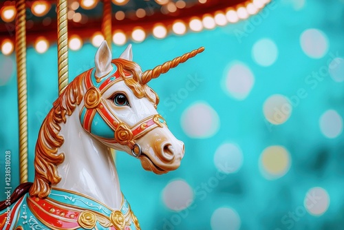 A beautifully detailed unicorn carousel horse stands against a vibrant turquoise background, showcasing its colorful adornments and magical charm.