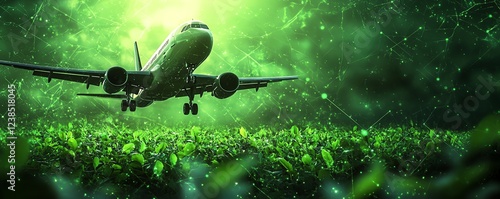 Innovative green aviation fuel fueling a modern jet, symbolizing a sustainable air travel future, lush green landscapes, and environmental protection themes, stunning details