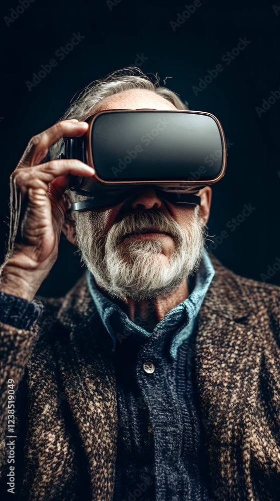 Senior man exploring virtual reality, immersed in a digital world.