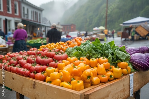 A lively weekend farmers market with fresh produce, street musicians, and people shopping in a vibrant town square